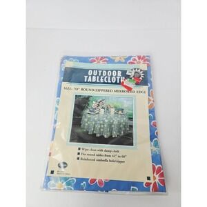 Vintage Elrene outdoor tablecloth 70" round blue‎ floral flowers New zipper